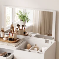 HOMCOM Vanity Desk with Mirror Dressing Table Drawer Set 6 Compartments Storage Stool White(m-10)