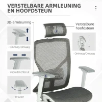 Vinsetto bureaustoel met hoofdsteun 3D-armleuning 3 niveaus in hoogte verstelbaar ergonomische netstof schuimgrijs 67 x 65 x 120-128 cm(m-6)