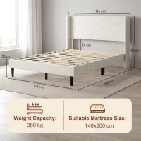 HOMCOM Cama Tapizada 140x200 cm con Cabecero Acolchado con Alas de Terciopelo Láminas de Madera Fácil Montaje Beige(m-3)