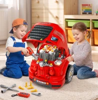 HOMCOM Camion mécano 2 1 - Jouet Bricolage Enfant - Établi - Jeu imitation mécanicien - Nombreux PP ABS Rouge(m-2)