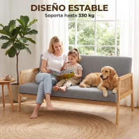 HOMCOM Sofá de 3 Plazas Tapizado en Lino con Detalles Ratán Sintético Estructura de Madera Carga 330 kg 149x77x77 cm Gris(m-7)
