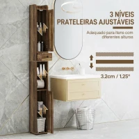 HOMCOM Coluna de Casa de Banho com 2 Portas, Compartimento Aberto, Prateleiras Ajustáveis e Suporte para Papel Higiénico, 20x20x185 cm, Castanho Acinzentado(m-5)