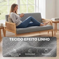 HOMCOM Sofá de 3 Lugares em Tecido Efeito Linho com Detalhes em Vime Sintético Estrutura em Madeira 330 kg 149x77x77 cm Cinza(m-5)