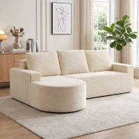 HOMCOM Canapé d'Angle 3 Places en Velours Côtelé, Canapé Compressé en L 235cm, Méridienne Incurvée, Assise Profonde, Beige(m-15)