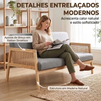 HOMCOM Sofá de 3 Lugares em Tecido Efeito Linho com Detalhes em Vime Sintético Estrutura em Madeira 330 kg 149x77x77 cm Cinza(m-4)