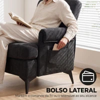 HOMCOM Cadeirão Individual em Chenille Acolchoado para Sala com Pés em Metal e Bolso Lateral Preto(m-7)