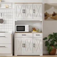 HOMCOM Kitchen Pantry with 6 Doors Countertop for Microwave 2 Drawers Adjustable Shelves Cable Hole White(m-7)