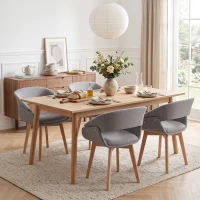 HOMCOM Lote de 2 Sillas de Comedor, Sillas de Cocina en Tejido Efecto Lino, Respaldo Curvado, Patas en Madera de Haya, Gris(m-4)