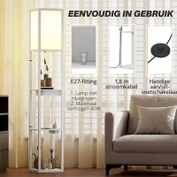 HOMCOM Vloerlamp met 3-laags rek, voetschakelaar, USB-poorten, MDF, wit(m-6)
