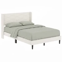 HOMCOM Cama Tapizada 140x200 cm con Cabecero Acolchado con Alas de Terciopelo Láminas de Madera Fácil Montaje Beige(m-11)