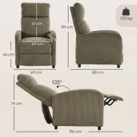 HOMCOM Sillón Relax Reclinable de Pana hasta 135° Reposapiés Respaldo Alto Acolchado Grueso Montaje Fácil Verde Oscuro(m-3)