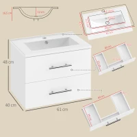 HOMCOM Mueble de Baño con Lavabo Montaje en Pared con 2 Cajones Lavamanos de Cerámica Estilo Moderno 61x40x48 cm Blanco(m-3)