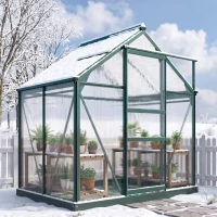 Outsunny 6 x 4ft Polycarbonate Greenhouse, Large Walk in Green House with Slide Door and Window, Garden Plants Grow House with Aluminium Frame and Foundation, Dark Green(m-10)