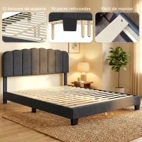 HOMCOM Cama Tapizada Doble 160x200 cm con Cabecero Acolchado Ajustable Láminas de Madera Fácil Montaje Gris Oscuro(m-6)