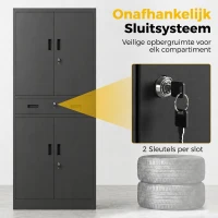 HOMCOM Metalen kast 180 cm, gereedschapskast met afsluitbare deuren, lade en verstelbare planken, zwart(m-6)