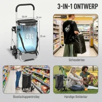 HOMCOM boodschappentrolley, 40 L Oxford-tas, 3-wieldesign, aluminium frame, zitting, donkergrijs(m-4)