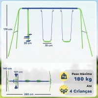 Outsunny Conjunto de Baloiços de Jardim com Altura Ajustável Baloiços para Crianças com Baloiço Duplo  280x140x178 cm Verde(m-3)