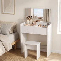 HOMCOM Vanity Desk with Mirror Dressing Table Drawer Set 6 Compartments Storage Stool White(m-8)