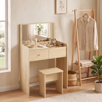 HOMCOM Toucador com Espelho Rebatível e Banco, Mesa de Maquilhagem com Gaveta e 6 Compartimentos, 81x40x86 cm, Carvalho(m-10)