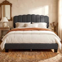 HOMCOM Cama Tapizada Doble 160x200 cm con Cabecero Acolchado Ajustable Láminas de Madera Fácil Montaje Gris Oscuro(m-9)
