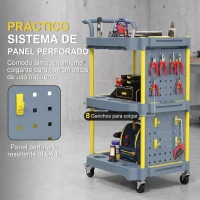 HOMCOM Carro de Herramientas con Ruedas de 3 Niveles con Panel Perforado 8 Ganchos para Garaje Taller Almacén Gris y Amarillo(m-7)