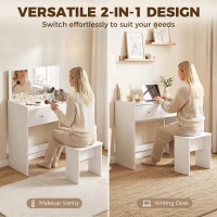 HOMCOM Vanity Desk with Mirror Dressing Table Drawer Set 6 Compartments Storage Stool White(m-4)