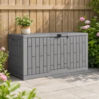 Outsunny Cofre de Almacenamiento Exterior 379 L Bloqueable con Pistón de Gas, Efecto Madera, 122,5x56x62cm, Gris(m-2)