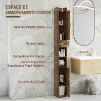 HOMCOM Coluna de Casa de Banho com 2 Portas, Compartimento Aberto, Prateleiras Ajustáveis e Suporte para Papel Higiénico, 20x20x185 cm, Castanho Acinzentado(m-4)
