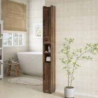 HOMCOM Coluna de Casa de Banho com 2 Portas, Compartimento Aberto, Prateleiras Ajustáveis e Suporte para Papel Higiénico, 20x20x185 cm, Castanho Acinzentado(m-10)