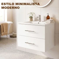 HOMCOM Mueble de Baño con Lavabo Montaje en Pared con 2 Cajones Lavamanos de Cerámica Estilo Moderno 61x40x48 cm Blanco(m-7)