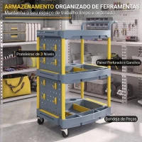 HOMCOM Carro de Ferramentas com Rodas de 3 Níveis com Painel Perfurado e Ganchos, com Travões, Cinzento e Amarelo(m-4)