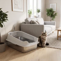 PawHut Katzentoilette Edelstahl Offene Katzenklo mit Schaufel hohem Rand für große Katzen bis 7 kg, 60,2 x 40,2 x 29,7 cm, Grau(m-8)