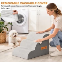 PawHut Dog Steps for Bed and Sofa, 3-Step Non-Slip Dog Stairs with Removable Washable Cover, Carry Handle, Light Grey(m-7)