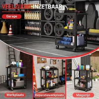 HOMCOM Gereedschapswagen met 3 legborden en zijhandgreep, 4 wielen, 70,5 x 35 x 82,5 cm, zwart(m-6)