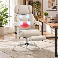 HOMCOM Office Chair with Massage, Heat, Adjustable Headrest, Leathaire‌ Reclining Desk Chair with Footrest, Cream White(m-8)
