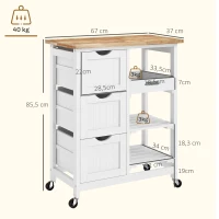 HOMCOM Carrito Auxiliar con Ruedas Carrito de Cocina con 3 Cajones 2 Estantes Abiertos y Bandeja Extraíble 67x37x85,5 cm Blanco(m-3)
