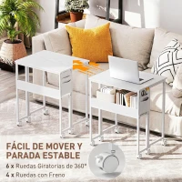 HOMCOM Escritorio Plegable con Ruedas Balda y Bolsillo de Almacenaje Ideal para Espacios Pequeños 63x50x75 cm Blanco(m-6)