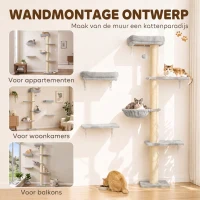 PawHut Kattenklimwand, 3-delige kattenwandset met krabpaal, platforms en hangmat(m-4)