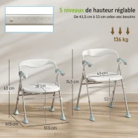 HOMCOM Tabouret de Douche Pliable, Hauteur Réglable à 5 Niveaux, Pieds Antidérapants en TPR, Aluminium, 51,5x61,5x74,5cm, Blanc(m-3)