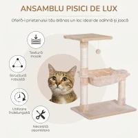 PawHut Turn pentru Pisici max. 3,6 kg cu Hamac și Minge Suspendată, din Lemn și Pluș, 50x36x70 cm, Bej(m-4)