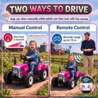 HOMCOM 12V Kids Ride on Tractor with Detachable Trailer, Remote, Soft Start, Seat Belt, Music, USB, Horn, Lights for 3-6, Pink(m-7)