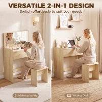 HOMCOM Vanity Desk with Mirror Dressing Table Drawer Set 6 Compartments Storage Stool White and Oak(m-4)