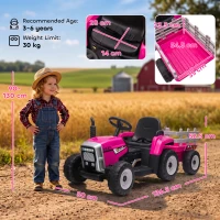 HOMCOM 12V Kids Ride on Tractor with Detachable Trailer, Remote, Soft Start, Seat Belt, Music, USB, Horn, Lights for 3-6, Pink(m-3)