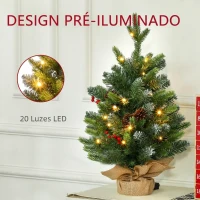 HOMCOM Árvore de Natal de Mesa 60 cm com 20 Luzes LED 141 Ramos 5 Pinhas 5 Cachos de Bagas Vermelhas e Suporte de Metal Verde(m-4)