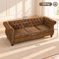 HOMCOM Canapea Chesterfield 3 Locuri din Material Respirabil cu Aspect de Piele, Șezut Lat, Umplutură Groasă, Maro Cafea(m-3)
