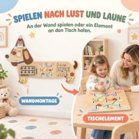 AIYAPLAY Montessori panel motoryczny drewniany Busy Board w kształcie jamnika montowany na ścianie z ksylofonem, zębatkami i bębenkiem(m-7)
