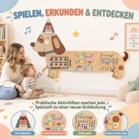 AIYAPLAY Montessori panel motoryczny drewniany Busy Board w kształcie jamnika montowany na ścianie z ksylofonem, zębatkami i bębenkiem(m-4)
