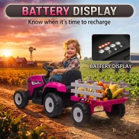 HOMCOM 12V Kids Ride on Tractor with Detachable Trailer, Remote, Soft Start, Seat Belt, Music, USB, Horn, Lights for 3-6, Pink(m-5)