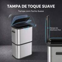 HOMCOM Caixote do Lixo 60 L em Aço Inoxidável, Estreito, com Suporte para Sacos, Tampa de Fecho Suave e Abertura por Toque, Prateado(m-5)