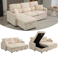 HOMCOM Verstellbares Bettsofa, L-förmiges Gästesofa mit Bettfunktion, Stauraum, Kissen, für Wohnzimmer, Gästezimmer, Beige(m-12)